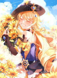  247_(nsn_na7) alternate_color bare_shoulders black_bow black_hat black_sleeves blonde_hair blue_dress blue_sky blush bouquet bow closed_eyes cloud commentary_request day detached_sleeves dress drill_hair earrings female flower from_side genshin_impact geo_symbol_(genshin_impact) grin hat hat_bow highres holding holding_bouquet jewelry long_hair long_sleeves navia_(genshin_impact) outdoors ship&#039;s_wheel_ornament simple_bird sky sleeveless sleeveless_dress smile solo upper_body very_long_hair vision_(genshin_impact) yellow_bow yellow_flower 