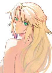  bare_back bare_shoulders blonde_hair cropped_torso expressionless fate/apocrypha fate/grand_order fate_(series) female from_behind green_eyes highres long_hair looking_at_viewer moedredd mordred_(fate) mordred_(fate/apocrypha) serious topless 