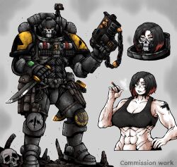  abs adeptus_astartes armor black_hair bolter cigar female gorget green_eyes grey_background gun highres holding holding_bolter holding_gun holding_weapon knife multicolored_hair multiple_views muscular muscular_female octosoup pauldrons power_armor red_hair shoulder_armor silver_templars skull skull_print solo tank_top warhammer_40k weapon 