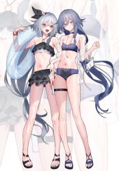  2girls bag bare_legs bare_shoulders bikini bikini_skirt black_bikini blue_bikini blue_eyes breasts collarbone frilled_bikini frills fu_hua fu_hua_(herrscher_of_sentience) grey_hair highres holding holding_bag holding_floatie honkai_(series) honkai_impact_3rd long_hair looking_at_viewer low-tied_long_hair multiple_girls nail_polish navel official_alternate_costume open_mouth red_eyes sandals small_breasts smile stomach swimsuit takakura_aki toenail_polish toenails toes very_long_hair zoom_layer 