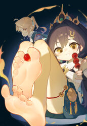  1boy absurdres ahoge barefoot blonde_hair blue_hair chibi chinese_clothes dango eating feet female food food_on_toes foot_focus hair_between_eyes highres holding holding_food honkai:_star_rail honkai_(series) looking_at_another looking_at_viewer ponytail short_hair sitting soles tiara toes un_ke_yukiovo wagashi yanqing_(honkai:_star_rail) yellow_eyes yunli_(honkai:_star_rail) 