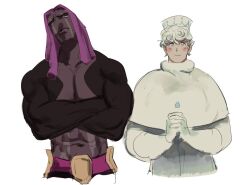  2boys blush_stickers closed_mouth cookie_run cookie_run:_kingdom crossed_arms dark-skinned_male dark_skin dreadlocks gloves humanization insam long_hair looking_at_viewer male_focus milk_cookie multiple_boys muscular muscular_male parted_lips purple_hair purple_yam_cookie shawl short_hair shrug_(clothing) simple_background smile white_background white_gloves white_hair white_shawl 