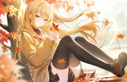  absurdres autumn_leaves bamboo14455 bilingual_commentary black_skirt black_thighhighs blonde_hair brown_shoes english_commentary falling_leaves female highres holding holding_leaf leaf long_hair long_sleeves mixed-language_commentary neckerchief original red_neckerchief sailor_collar shoes sitting skirt solo sweater thighhighs tree white_sailor_collar ych_commission yellow_eyes yellow_sweater 
