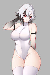  absurdres arlecchino_(genshin_impact) bare_arms bare_shoulders black_eyes black_hair black_hands breasts charlie_purrito colored_extremities commentary covered_navel cowboy_shot english_commentary female genshin_impact grey_background highleg highleg_leotard highres large_breasts leotard multicolored_hair parted_lips short_hair simple_background solo symbol-shaped_pupils thighhighs thighs two-tone_hair white_hair white_leotard white_thighhighs x-shaped_pupils 