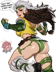  1boy ass blushyspicy bone_necklace bra braid breasts brown_hair chibi commentary cover_sketch english_commentary female gambit gloves green_bra green_eyes green_gloves green_headband green_loincloth headband highres jewelry large_breasts long_hair looking_at_viewer marvel marvel_rivals multicolored_hair navel rogue rogue_(savage_south)_(x-men) rogue_(x-men) torn_clothes two-tone_hair underwear white_hair x-men 