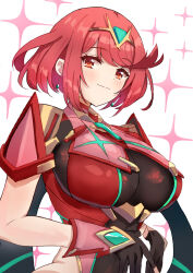  black_gloves breasts chest_jewel closed_mouth earrings female gloves highres jewelry large_breasts nowa2109 pyra_(xenoblade) red_eyes red_hair short_hair smile solo sparkle tiara upper_body white_background xenoblade_chronicles_(series) xenoblade_chronicles_2 