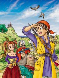  3boys animal_on_shoulder aqua_pants arm_up axe bandana belt belt_buckle bird black_eyes blue_shirt blue_sky breasts brown_eyes brown_hair buckle bush cape castle cleavage cloud cloudy_sky commentary_request corset cross_scar dragon_quest dragon_quest_viii earrings facial_hair fat female fur_vest grass grey_hair hair_pulled_back hands_on_own_hips hero_(dq8) highres holding holding_axe holding_weapon horizon jacket jessica_albert jewelry kukuru_(dq8) long_hair low_ponytail medium_breasts metal_hair_tubes mouse_(animal) multiple_boys munchie_(dq8) murakami_yumiko ocean off-shoulder_shirt off_shoulder open_mouth orange_bandana orange_hair outdoors pants ponytail red_cape red_jacket red_skirt scar scar_on_cheek scar_on_face shirt short_hair skirt sky sleeves_rolled_up smile sphere_earrings spiked_hat spiked_helmet stubble sword sword_on_back toriyama_akira_(style) tree vest weapon weapon_on_back yangus yellow_corset yellow_vest 
