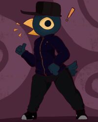  2018 4:5 anthro avian beak bird black_bottomwear black_clothing black_eyes black_hat black_headwear black_pants bottomwear clothing exclamation_point feathers footwear germ_warfare_(nitw) gesture green_body hand_gesture happy hat headgear headwear hi_res jacket looking_at_viewer male night_in_the_woods nylon_clothing pants purple_background salamikii shoes simple_background sneakers solo tail tail_feathers thumbs_up topwear yellow_beak yellow_eyes yellow_sclera yellow_zipper 