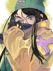  animification beanie black_gloves black_hair covered_mouth female fingerless_gloves gado_(zegisia08) glasses gloves green_hat hair_behind_ear hat highres jacket killjoy_(valorant) looking_at_viewer portrait round_eyewear solo valorant yellow_jacket 