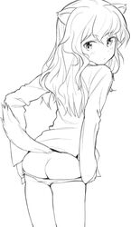  animal_ears ass ass_visible_through_thighs blush fankupl female fernandia_malvezzi from_behind greyscale highres long_hair looking_at_viewer looking_back marmot_ears marmot_girl marmot_tail monochrome panties panty_pull pulling_own_clothes solo strike_witches:_kurenai_no_majo-tachi tail underwear white_background world_witches_series 