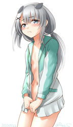  cowboy_shot fake_horns female flat_chest grey_eyes grey_hair hood hoodie horned_headwear horns i-201_(kancolle) jacket kantai_collection long_hair mole mole_on_stomach multicolored_clothes multicolored_jacket naked_hoodie naked_jacket navel no_panties official_alternate_costume one-hour_drawing_challenge open_clothes open_jacket ray.s simple_background skirt solo two-tone_jacket white_background white_skirt 