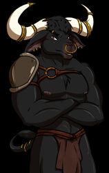  2021 2_horns accessory anthro black_body black_fur bottomwear bovid bovine brown_bottomwear brown_clothing brown_loincloth cattle clothing crossed_arms ear_piercing ear_ring eyebrow_piercing facial_piercing fur furgonomics hi_res horn horn_jewelry horn_ring jewelry loincloth male mammal muscular muscular_anthro muscular_male nipples nose_piercing nose_ring piercing red_eyes ring ring_(jewelry) ring_piercing septum_piercing shou shoulder_armor solo tail tail_accessory tail_jewelry tail_ring tribal warrior 