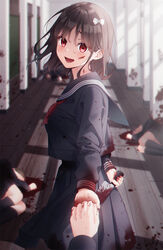  4girls :d blood blue_sailor_collar blue_shirt blue_skirt blush bow brown_hair corpse death empty_eyes hairbow hallway highres holding holding_knife indoors knife long_sleeves looking_at_viewer looking_back medium_hair multiple_girls neckerchief open_mouth original pleated_skirt red_eyes red_neckerchief sailor_collar school school_uniform serafuku shirt skirt smile solo_focus unjem white_bow yandere 