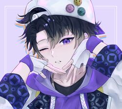  1boy black_hair blush chain_necklace chains commentary english_commentary fingerless_gloves gloves hat highres hood hood_down hoodie jewelry kevin_vangardo long_sleeves looking_to_the_side maha5 male_focus necklace one_eye_closed purple_eyes virtual_youtuber yayaara 