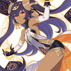  bare_shoulders black_gloves bright_pupils closed_mouth commentary_request cube dark-skinned_female dark_skin egyptian_clothes elbow_gloves eye_print female gloves hair_ornament highres itou_(onsoku_tassha) jewelry long_hair looking_at_viewer navel nephtim_(world_flipper) partial_commentary purple_hair red_eyes shorts simple_background solo two_side_up very_long_hair white_background world_flipper 