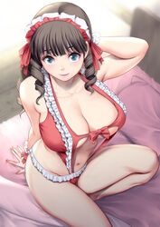  arm_behind_head artist_name blue_eyes breasts brown_hair commentary_request drill_hair female frills hair_ribbon highres large_breasts long_hair looking_at_viewer midriff navel original pillow red_ribbon ribbon saigado sidelocks sitting solo 