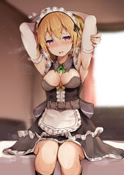  alternate_costume armpits arms_up belt belt_buckle black_dress blonde_hair blurry blurry_background blush breasts buckle chloe_(princess_connect!) dress elbow_gloves elf enmaided female frills gloves highres indoors kneehighs maid maid_headdress open_mouth pointy_ears princess_connect! purple_eyes se-u-ra sitting socks solo sweat 