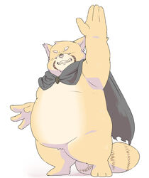  2022 anthro belly big_belly cape closed_eyes clothing hi_res humanoid_hands inunoshippo kemono male overweight overweight_male popori simple_background solo tera_online 