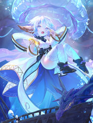  absurdres air_bubble animal_ears black_bow black_footwear black_ribbon blue_eyes bow bubble female floating flower-shaped_pupils footwear_bow full_body gold_bar granblue_fantasy hair_between_eyes harvin highres holding holding_jewelry holding_ring jewelry kiriyama2109 looking_at_viewer open_mouth pelvic_curtain purple_bow ribbon ring short_hair solo symbol-shaped_pupils thighhighs wamdus_(granblue_fantasy) white_thighhighs 