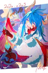  absurdres ahoge bad_id bad_pixiv_id blue_hair blue_ribbon blue_tongue blush bowl colored_tongue commentary_request cooking dated dragon dragon_girl dragon_horns dragon_wings female food frills hair_between_eyes heart heart-shaped_pupils highres holding horns indoors kitchen knife ladle light_blush liquid long_hair maid mimitoke oerba_yun_fang open_mouth original partial_commentary photo_(object) ribbon signature smile stab standing sweat symbol-shaped_pupils tentacle tongue tongue_out window wings yellow_eyes 