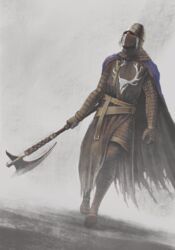  1boy armor axe belt blue_cape cape creighton_of_mirrah dark_souls_(series) dark_souls_ii full_armor helm helmet highres holding holding_axe holding_weapon male_focus scratches skiba solo torn torn_cape torn_clothes walking weapon white_hair 