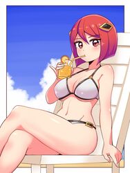  azure_striker_gunvolt azure_striker_gunvolt_2 beach_chair bikini blue_sky blunt_ends bob_cut breasts cleavage cloud cloudy_sky commentary cougar_(cougar1404) cup day drinking drinking_glass drinking_straw female hair_ornament halterneck holding holding_cup legs looking_at_viewer navel nowa_(gunvolt) outdoors pinky_out red_eyes red_hair short_hair sitting sky solo swimsuit white_bikini 