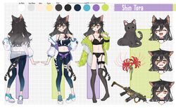  absurdres animal_ears apex_legends bad_id bad_twitter_id belt black_bra black_panties black_pants blush bra breasts brown_hair cat_ears cat_girl cat_tail character_name cleavage cleavage_cutout clothing_cutout color_guide cosplay crypto_(apex_legends) crypto_(apex_legends)_(cosplay) english_commentary feline female frown full-face_blush ginptrn green_sleeves gun hair_behind_ear highres indie_virtual_youtuber jacket long_hair medium_breasts multiple_tails multiple_views panties pants purple_belt r-99_smg sad shin_tora submachine_gun surprised tail tail_through_clothes thigh_strap underwear virtual_youtuber weapon white_jacket yellow_eyes 