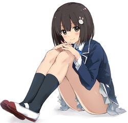  black_hair black_socks blazer blue_bow blue_bowtie blue_jacket blush bob_cut bow bowtie brown_eyes brown_hair closed_mouth collared_shirt commentary_request eyelashes female full_body grey_eyes grey_skirt hair_ornament hands_on_own_knees hands_up highres jacket knees_up kono_bijutsubu_niwa_mondai_ga_aru! leaning_forward legs legs_together long_legs long_sleeves looking_at_viewer medium_hair pleated_skirt rabbit_hair_ornament rauto red_footwear revision school_uniform shadow shirt shoes short_hair sitting skirt smile socks solo thighs two-tone_background two-tone_footwear usami_mizuki uwabaki white_background white_footwear white_shirt 