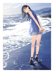  arms_behind_back bad_id bad_twitter_id beach black_hair blush border female footprints full_body fuyuno_kamome highres long_hair looking_at_viewer looking_back original outdoors own_hands_together sand sandals see-through see-through_legwear shirt shore shorts sky sleeveless sleeveless_shirt smile solo tights_day water white_border 