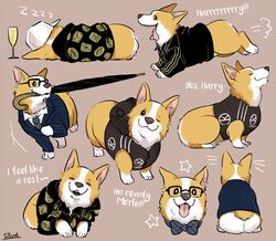  2016 alternate_species canid canine canis closed_eyes container cup domestic_dog drinking_glass eggsy_unwin english_text exclamation_point feral fur glass glass_container glass_cup herding_dog kingsman_the_secret_service mammal multiple_poses one_eye_closed pastoral_dog pose rikuta_tp sitting solo text tongue tongue_out umbrella welsh_corgi white_body white_fur wine_glass wink yellow_body yellow_fur 