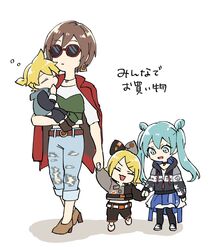  1boy 3girls aged_down aqua_eyes belt black_bow black_hoodie black_shirt blonde_hair blue_vest bow brown_hair bubble carrying closed_eyes commentary denim earrings expressionless grey_bow grey_shirt hair_ornament hairclip hatsune_miku hazuki_015 highres holding_hands holding_person hood hoodie jacket jacket_on_shoulders jeans jewelry kagamine_len kagamine_rin lolicon long_hair meiko_(vocaloid) midriff multiple_girls pants project_sekai red_jacket shirt short_hair short_ponytail shorts sleeping smile spiked_hair sunglasses swept_bangs torn_clothes torn_jeans torn_pants translated triangle_earrings twintails two-tone_bow two-tone_shirt vest vivid_bad_squad_(project_sekai) vivid_bad_squad_len vivid_bad_squad_meiko vivid_bad_squad_miku vivid_bad_squad_rin vocaloid white_background white_shirt 