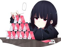  ... ace_(playing_card) ace_of_diamonds ace_of_hearts black_hair bob_cut card commentary diamond_(shape) female five_of_diamonds four_of_diamonds four_of_hearts heart hood hoodie house_of_cards ichiki_1 jack_(playing_card) jack_of_diamonds joker_(playing_card) original pink_eyes playing_card queen_(playing_card) queen_of_hearts_(playing_card) short_hair simple_background six_of_hearts solo speech_bubble spoken_ellipsis ten_of_diamonds ten_of_hearts tsukimi_yoruha two_of_hearts white_background 