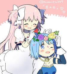  2girls ;d ^_^ arm_at_side bad_id bad_pixiv_id blue_eyes blue_flower blue_hair blush breasts cape closed_eyes collarbone commentary_request detached_sleeves dress flower gloves hair_ribbon head_wreath highres kaname_madoka kirikuchi_riku leaf long_dress long_hair looking_back magical_girl mahou_shoujo_madoka_magica mahou_shoujo_madoka_magica_(anime) medium_breasts miki_sayaka miki_sayaka_(magical_girl) multiple_girls one_eye_closed open_mouth pink_background pink_flower pink_hair puffy_sleeves purple_flower red_flower ribbon short_hair simple_background smile strapless twitter_username two-tone_background two_side_up ultimate_madoka upper_body very_long_hair white_background white_cape white_dress white_gloves white_ribbon yellow_flower 