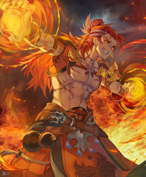  1boy abs black_nails body_markings fire fireball granblue_fantasy highres kiriyama2109 large_pectorals long_hair male_focus multicolored_hair muscular muscular_male nail_polish orange_eyes pectorals red_hair smile solo teeth two-tone_hair white_hair wilnas_(granblue_fantasy) 