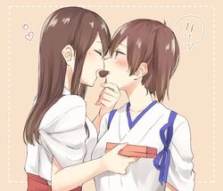  2girls akagi_(kancolle) blush bou_(wataame) brown_eyes brown_hair chocolate commentary_request eating heart indirect_kiss japanese_clothes kaga_(kancolle) kantai_collection long_hair multiple_girls muneate nontraditional_miko side_ponytail straight_hair tasuki yuri 