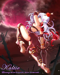  apple apple_on_head armor arrow_through_apple assassin_cross_(ragnarok_online) boots breasts brown_cape brown_gloves brown_leotard cape commentary_request cross dagger elbow_gloves eye_trail eyes_visible_through_hair female fingerless_gloves food fruit full_body full_moon gloves glowing glowing_eye grin hair_between_eyes high_heel_boots high_heels holding holding_dagger holding_knife holding_weapon jamadhar jumping kneehighs knife leotard light_trail long_hair looking_at_viewer medium_breasts moon pauldrons pink_moon ragnarok_online red_apple red_eyes red_scarf revealing_clothes scarf shoulder_armor sideboob smile socks solo tombstone tsuki_suishou vambraces waist_cape weapon white_hair 