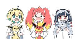  &gt;_&lt; 3girls absurdres amano_pikamee animal aqua_camisole baggy_clothes bare_shoulders blonde_hair blue_hair blunt_bangs bright_pupils camisole collared_jacket commentary crossover dark_blue_hair fangs fiery_hair flareon green_eyes green_hair green_nails headband heart highres hikasa_tomoshika holding holding_animal holding_pokemon hood hoodie jacket jitomi_monoe jolteon long_hair magnemite magnet multicolored_hair multiple_girls off_shoulder open_mouth owlsoda pokemon pokemon_(creature) red_eyes red_hair red_nails sharp_teeth short_hair sleeves_past_wrists smile spaghetti_strap spoken_heart strap teeth trait_connection twintails two-tone_hair upper_body virtual_youtuber voms white_pupils yellow_nails 