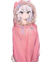  blue_eyes breasts closed_mouth drawstring english_commentary eyebrows_hidden_by_hair female frown fur_trim hood hood_up hoodie looking_at_viewer medium_breasts neonbeat pink_hoodie pointy_ears second-party_source simple_background solo transparent_background v-shaped_eyebrows vei_(vtuber) vei_(vtuber)_(1st_costume) virtual_youtuber vshojo white_hair 