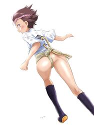  absurdres ass blush brown_eyes brown_hair commentary female fundoshi girls_und_panzer highres hiyama_yuu_(wee259hiyama) japanese_clothes kneepits looking_at_viewer looking_back mizu_happi momogaa_(girls_und_panzer) running shiny_skin short_hair simple_background solo sweat wet wet_clothes white_background 