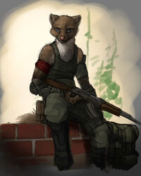  2015 4:5 anthro brown_body brown_fur clothed clothing fully_clothed fur gun holding_gun holding_object holding_ranged_weapon holding_weapon ipoke mammal mustelid pink_nose ranged_weapon shirt sitting solo tank_top topwear weapon whiskers white_body white_fur 