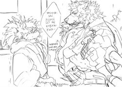  athletic bridal_carry canid canine canis carrying_another clothed clothing dialogue domestic_dog english_text facial_scar hair lifewonders male mammal marchosias_(tas) monochrome orenjimaru samurai scar shino_(tas) tadatomo_(tas) text tied_hair tokyo_afterschool_summoners warrior wolf 