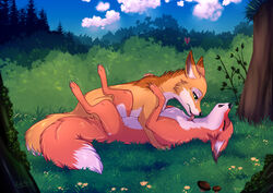  2022 abby_(rukifox) canid canine cuddling day detailed_background digital_media_(artwork) duo female feral forest fox fur grass licking love lying male mammal on_back orange_body orange_fur outside plant rick_(rukifox) romantic romantic_couple rukifox sky tongue tongue_out tree white_body white_fur 