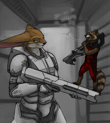  2015 armor barefoot body_armor brown_body brown_fur clothed clothing dialogue duo english_text exclamation_point feet female fully_clothed fur green_eyes guardians_of_the_galaxy gun holding_gun holding_object holding_ranged_weapon holding_weapon inside ipoke looking_at_another male mammal marvel procyonid raccoon ranged_weapon rocket_raccoon si&#039;itiae smile text weapon white_body white_fur 