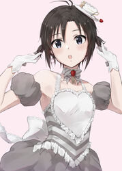  :o adjusting_hair alternate_hairstyle antenna_hair armpits bare_shoulders black_hair blush bow bowtie commentary cup detached_sleeves diagonal-striped_bow diagonal_stripes dress earrings female food fruit gingerbread_man gloves grey_dress grey_eyes grey_sleeves hair_between_eyes hat heart heart_earrings highres idolmaster idolmaster_(classic) idolmaster_2 jewelry kikuchi_makoto looking_at_viewer mini_hat mogskg open_mouth pink_background puffy_short_sleeves puffy_sleeves saucer short_hair short_sleeves simple_background solo strawberry striped teacup teatime_happiness_(idolmaster) twintails_day two_side_up white_bow white_bowtie white_gloves 