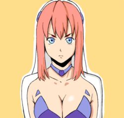  birdy_cephon_altera blue_eyes breasts cleavage closed_mouth dyed_bangs female long_hair looking_at_viewer multicolored_hair simple_background solo tat_(jurychan) tetsuwan_birdy_decode two-tone_hair 