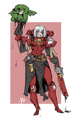  adepta_sororitas armor blood blue_eyes bob_cut chainsword colored_skin decapitation explosive female fleur-de-lis green_skin grenade highres holding_head orc ork_(warhammer) pointy_ears power_armor purity_seal red_eyes rmulderz solo warhammer_40k white_hair 