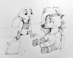  5:4 absurd_res anthro badge bound chair clothing disney duo female female/female files furniture gloves hair handwear helena_(bonk6) hi_res hyena inked_drawing interrogation judy_hopps lagomorph leporid long_hair mammal monochrome rabbit redink_art table zootopia 