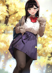  bad_id bad_twitter_id bag black_hair blush bow bowtie brown_eyes cardigan collared_shirt feet_out_of_frame female ginkgo_leaf ginkgo_tree leaf long_hair looking_at_viewer nishizawa open_cardigan open_clothes open_mouth original outdoors pantyhose pleated_skirt red_bow red_bowtie school_bag school_uniform shirt skirt sleeves_past_wrists smile solo tights_day tree 