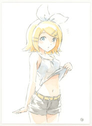  bare_arms bare_shoulders belt blonde_hair blue_eyes blush bow breasts clothes_lift collarbone cowboy_shot epoxy_putty female grey_shorts hair_ornament hairbow hairclip kagamine_rin lifting_own_clothes looking_at_viewer midriff narrow_waist navel painting_(medium) shirt shirt_lift short_hair shorts sideways_glance small_breasts solo swept_bangs tank_top traditional_media vocaloid watercolor_(medium) white_bow white_shirt 