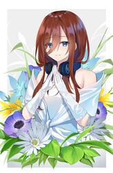  absurdres bare_shoulders blue_eyes blue_flower border breasts brown_hair cleavage closed_mouth commentary_request cropped_torso dress female flower gloves go-toubun_no_hanayome grey_background hair_between_eyes headphones headphones_around_neck highres long_hair looking_at_viewer medium_breasts nakano_miku off_shoulder plant smile solo takenoko_27074918 upper_body white_border white_dress white_flower white_gloves 